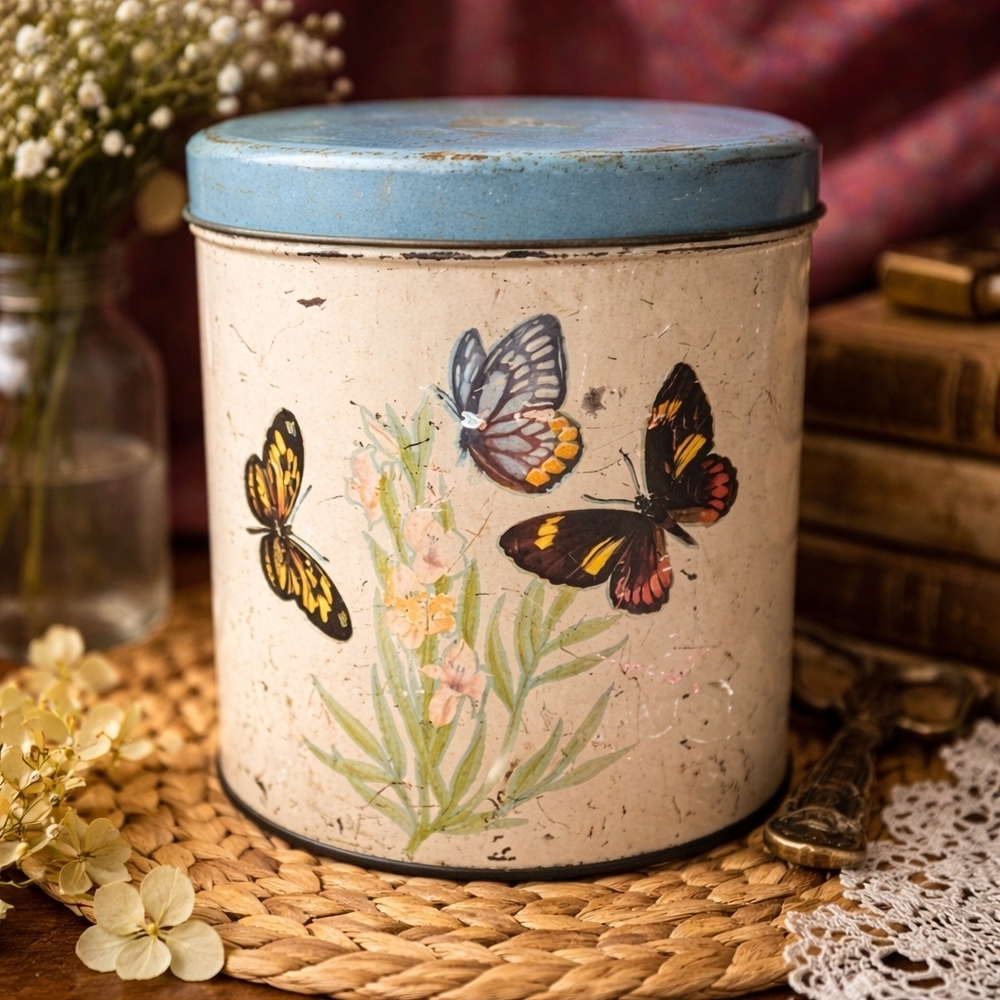 1940s Vintage Metalum Tin Butterfly Floral Storage Canister Blue Lid Cottagecore